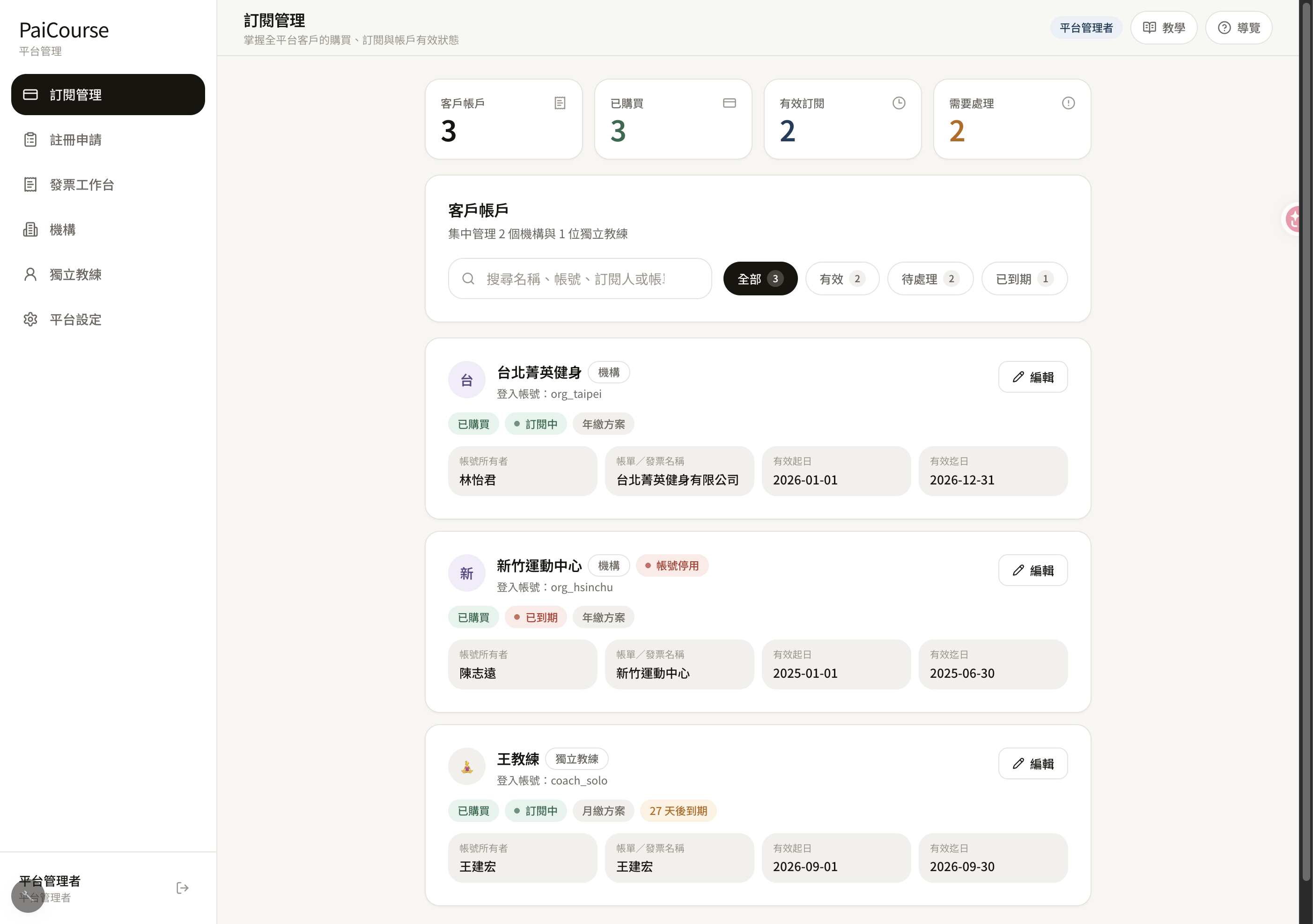 平台管理者訂閱管理畫面